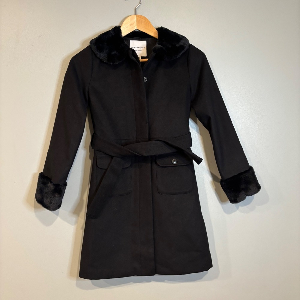 Janie and Jack Girls Dress Coat Black Faux Fur Trim Belted Wool Blend Size 10-12